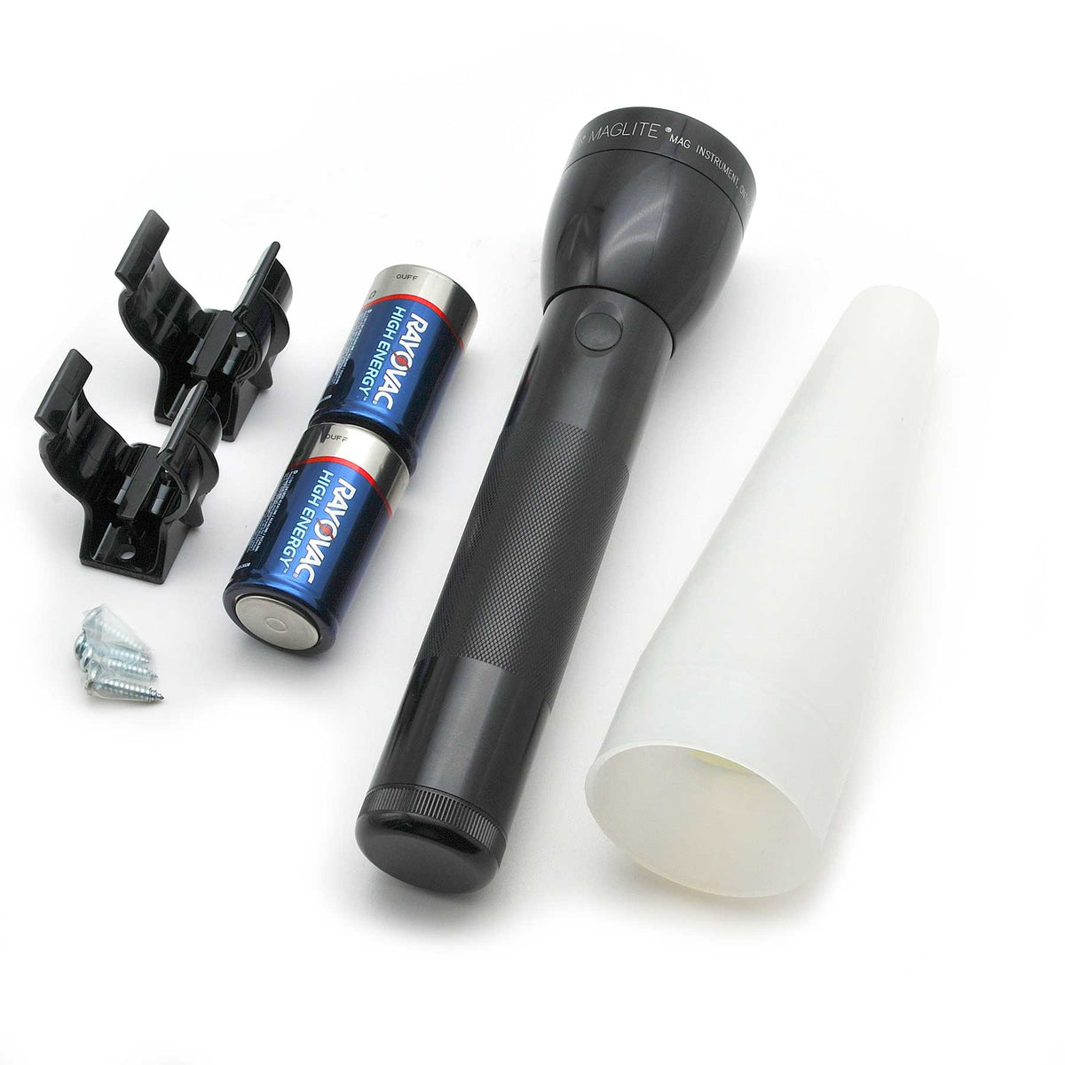 Maglite ML300L flashlight with two Rayovac batteries and a white rolled sheet as part of the adventure pack