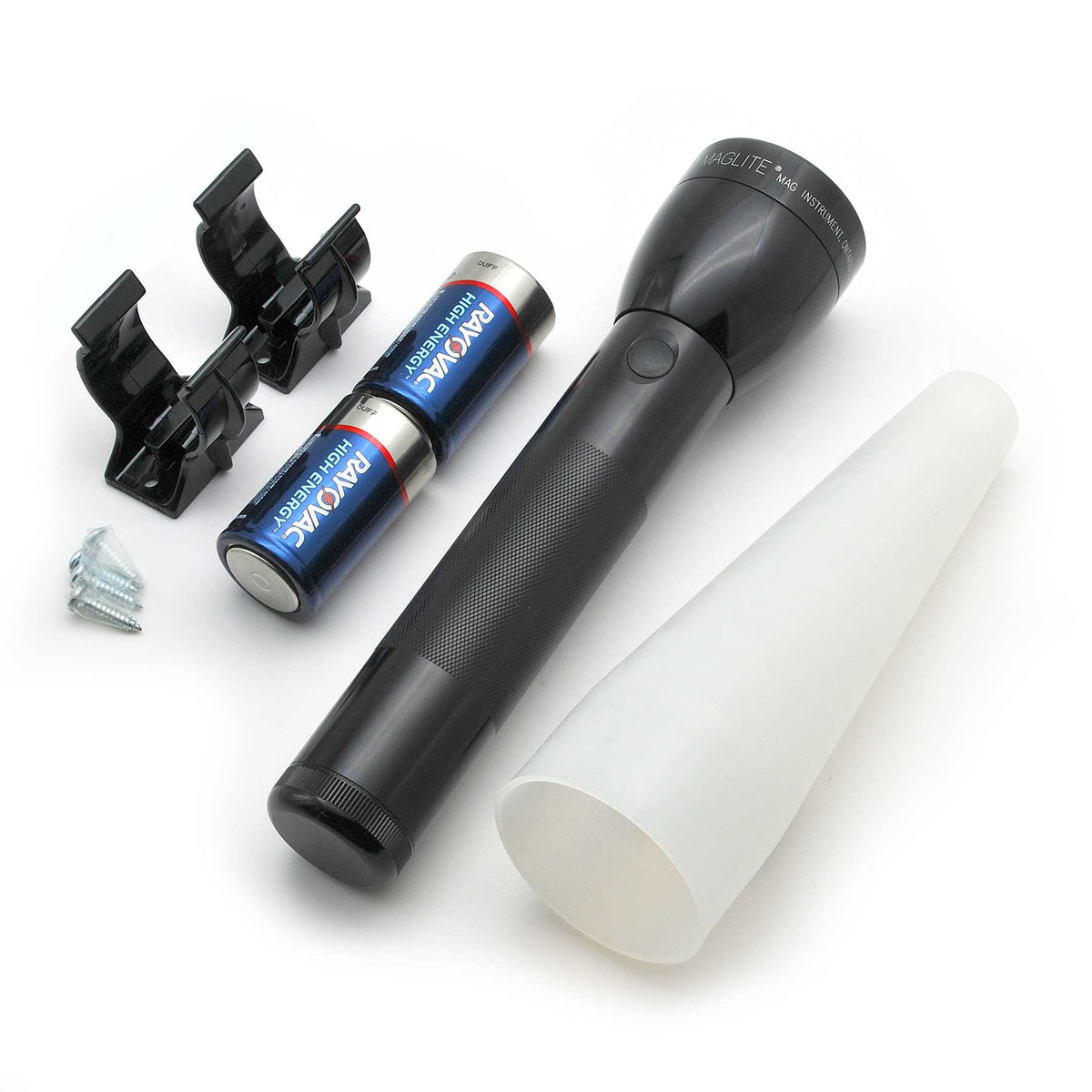 Maglite ML300L LED flashlight with two Rayovac High Energy batteries and black mounting clips on a white background.