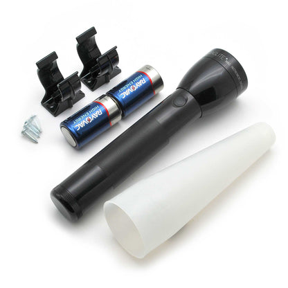 Maglite ML300L LED flashlight with two Rayovac batteries and black mounting clips arranged on a white backdrop.