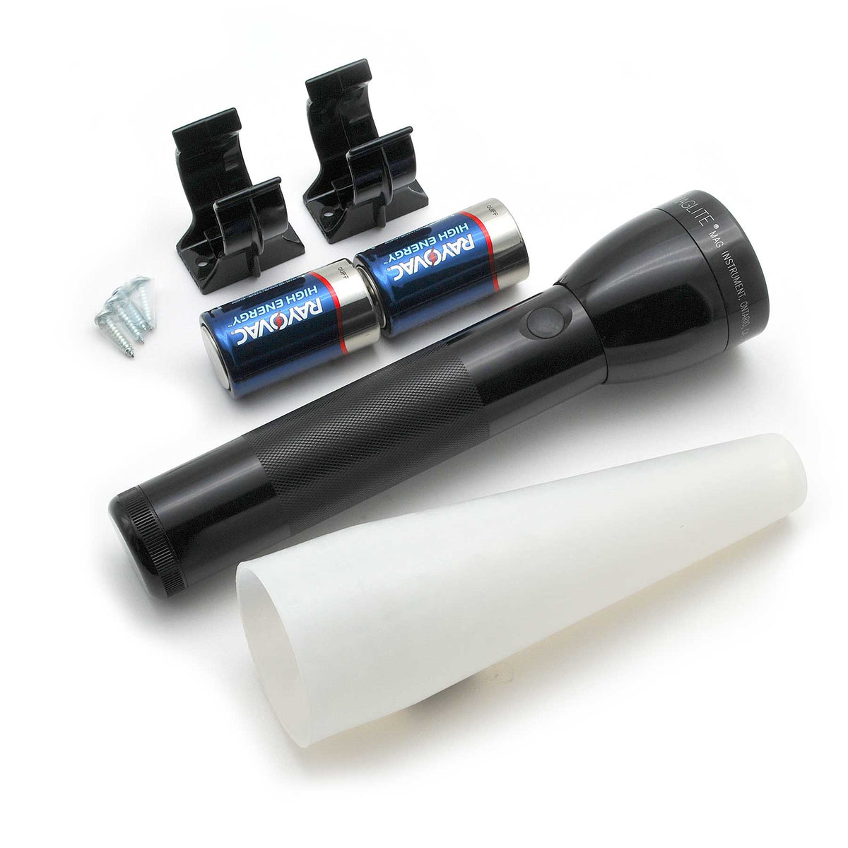 Maglite ML300L LED flashlight Adventure Pack with batteries mounting clips and white tubes on a white surface.