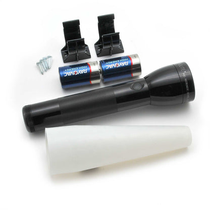 Maglite ML300L LED flashlight Adventure Pack with two batteries and mounting hardware on white background