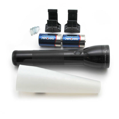 Two black battery mounts with two Rayovac High Energy batteries and screws beside the Maglite flashlight