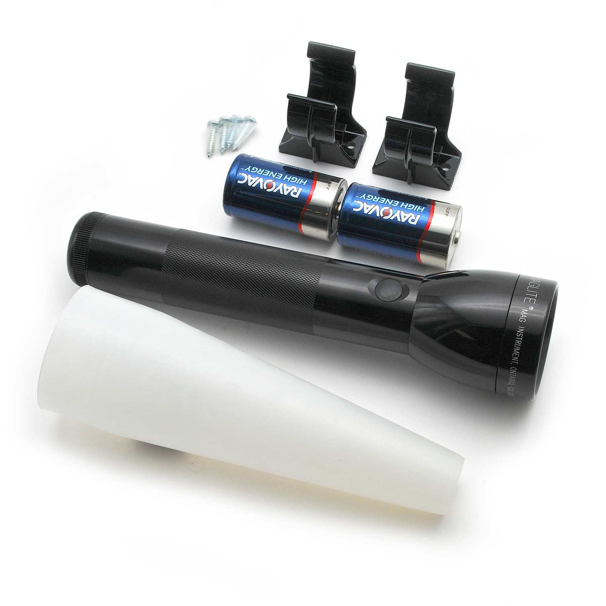 Maglite ML300L components including two Rayovac batteries two battery mounts and screws laid out with the flashlight