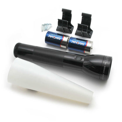 Maglite ML300L components including two Rayovac batteries two battery mounts and screws laid out with the flashlight