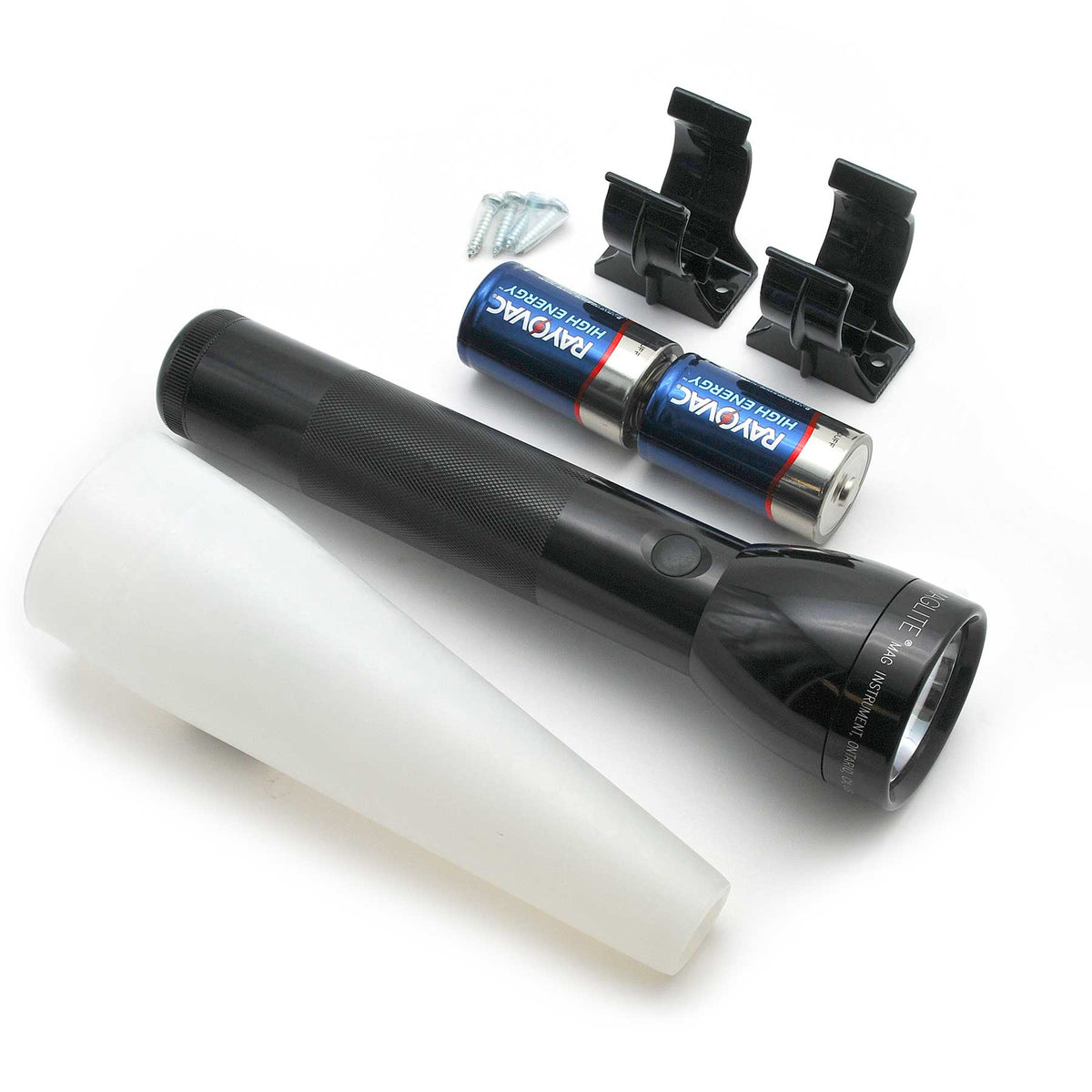 Maglite ML300L LED flashlight Adventure Pack with two Rayovac High Energy batteries and black wall mount clips on a white background