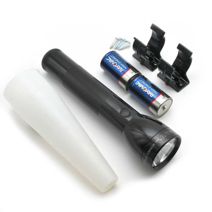 Maglite ML300L LED flashlight Adventure Pack featuring two Rayovac High Energy batteries, screws, and black wall mount clips on white background