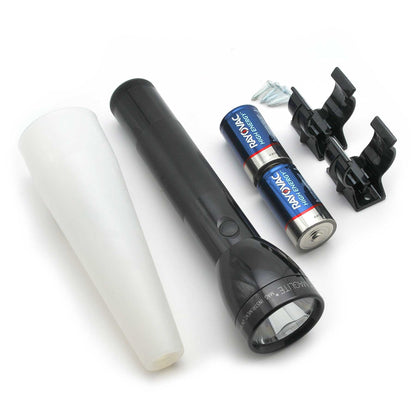 Maglite ML300L LED flashlight Adventure Pack including two Rayovac High Energy batteries and a white diffuser on white background