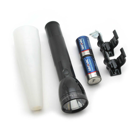 Maglite ML300L LED flashlight with textured grip beside two Rayovac High Energy AA batteries, a white cylindrical tube, and a black accessory on a white background.