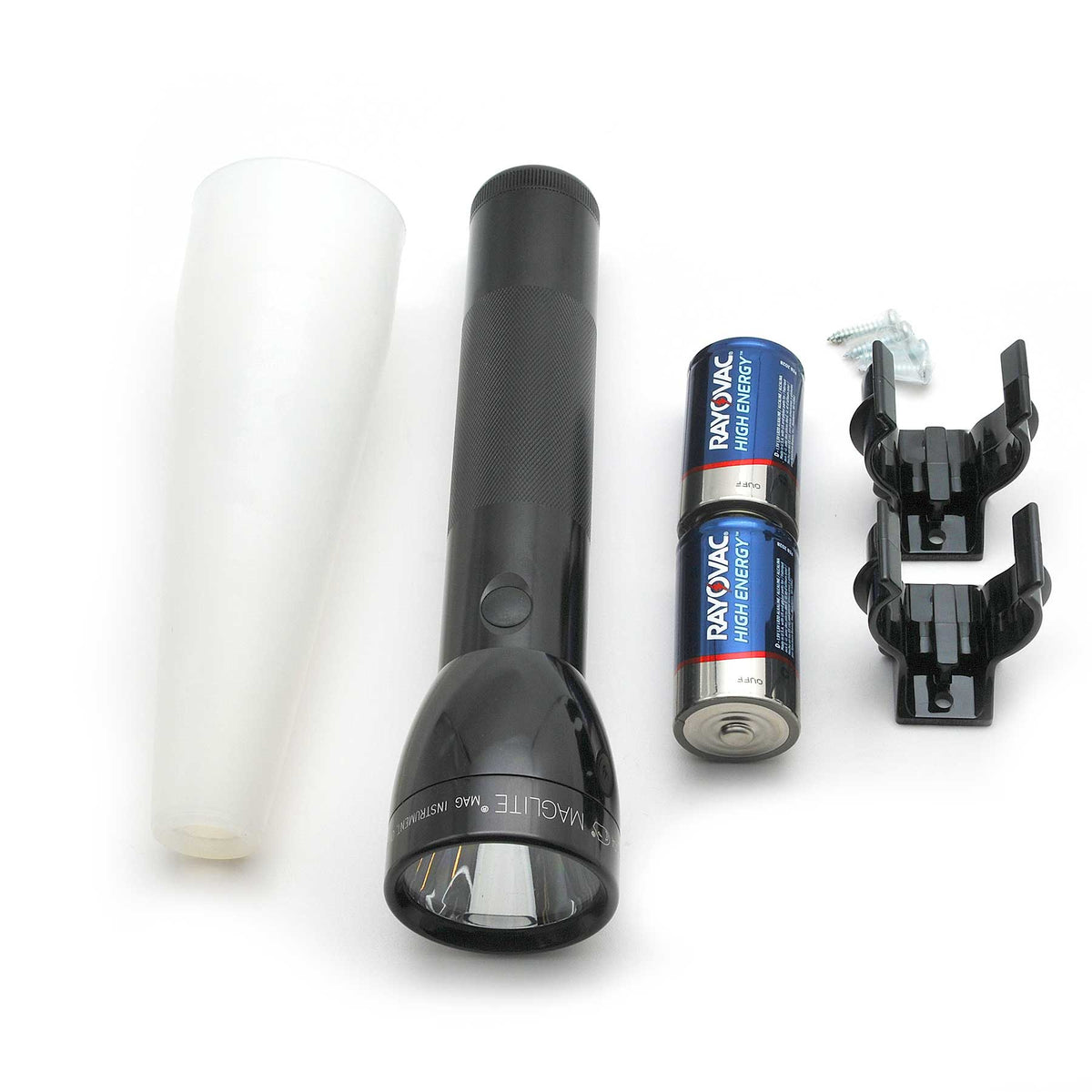 Black Maglite ML300L flashlight with textured grip between a white cylindrical tube and two Rayovac High Energy AA batteries on a white background.