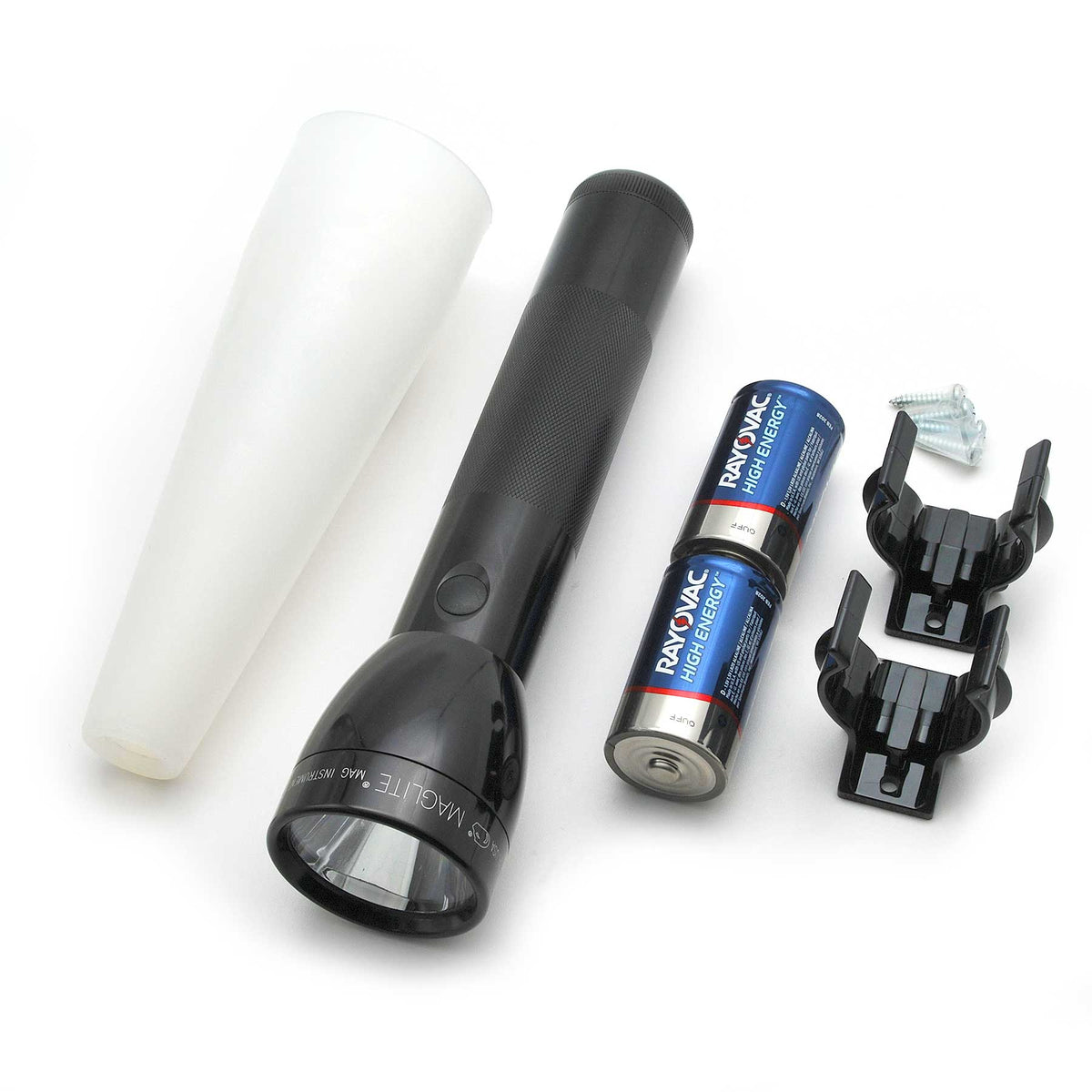 Maglite ML300L LED flashlight with two Rayovac High Energy AA batteries and a white cylindrical tube beside a black mounting clip on a white background.