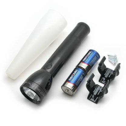 Maglite ML300L flashlight with white diffuser sleeves, Rayovac High Energy batteries, and mounting hardware.