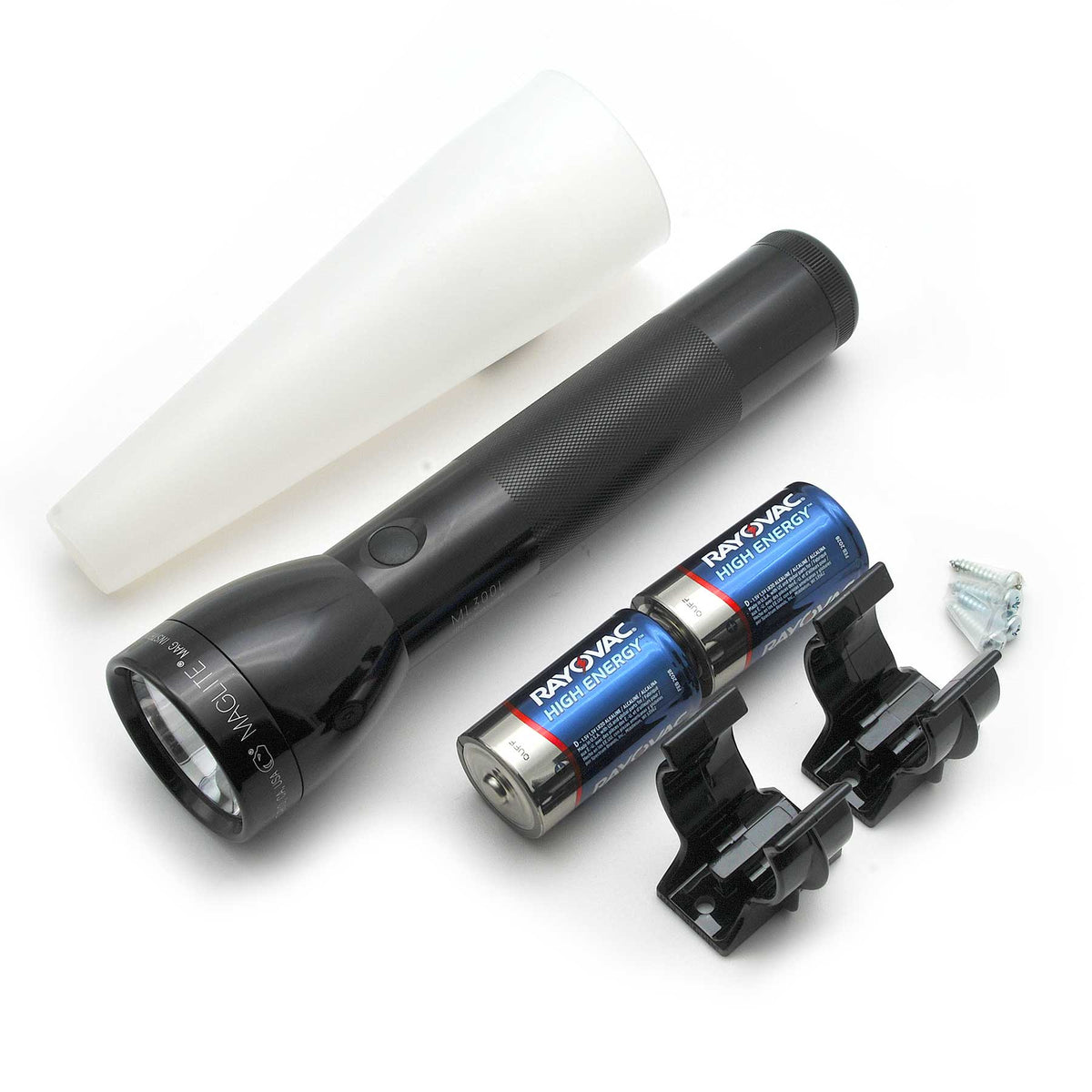 Maglite ML300L flashlight with diffuser sleeves and Rayovac High Energy batteries and mounting hardware.