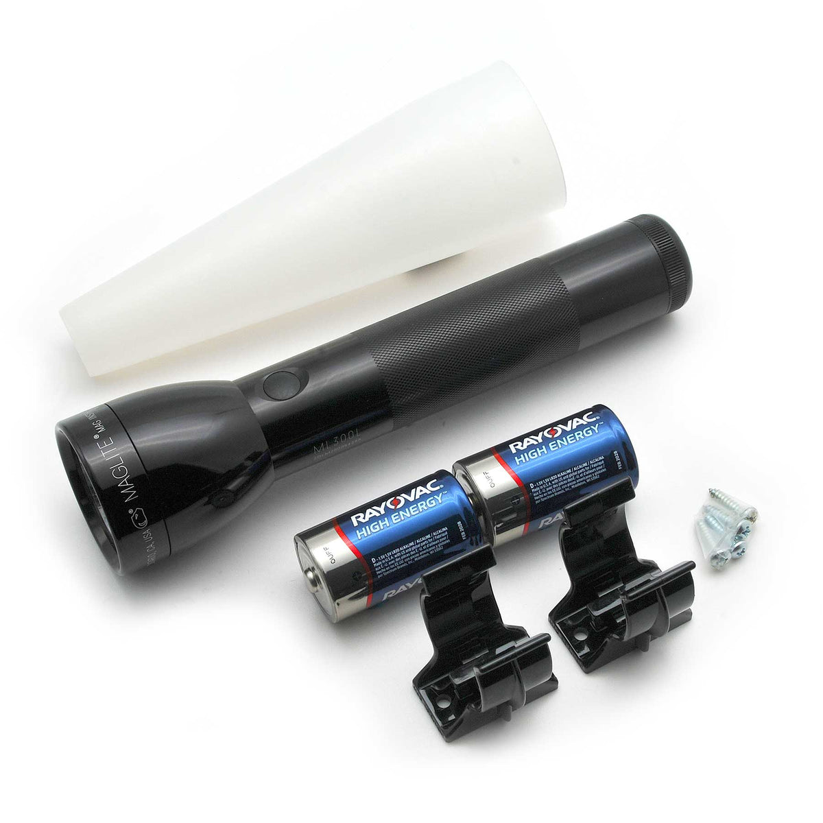 Maglite ML300L flashlight with diffuser sleeves Rayovac High Energy batteries and accessory mounts and screws.