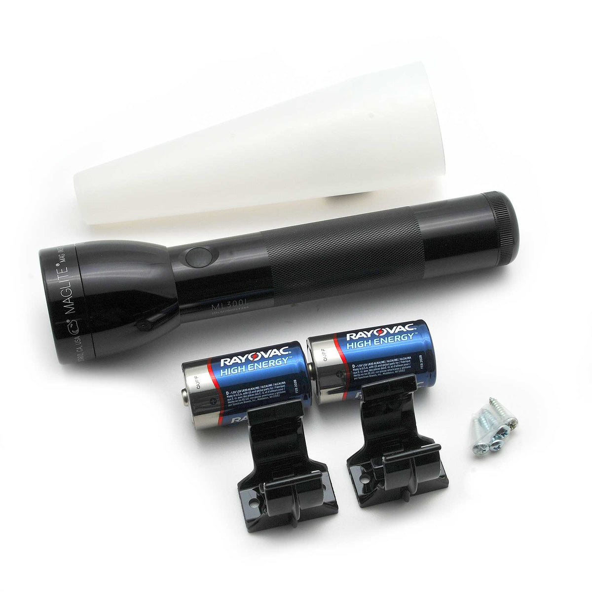 Maglite ML300L LED flashlight with two Rayovac high energy batteries and mounting brackets in an adventure pack