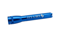 Blue Mini Maglite flashlight with It's A Boy footprints graphic