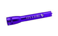 Purple Mini Maglite flashlight with IT'S A GIRL and footprints on the knurled body