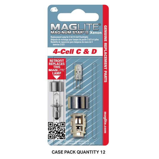 Maglite 4-Cell C and D replacement lamp in blue packaging with red Genuine Replacement Parts stripe