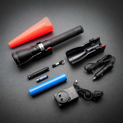  One Maglite black matte ML150LRX LED Rechargeable Flashlight System, a Maglite Solitaire LED with keylead and 1 AAA premium alkaline battery, and a red safety wand for the ML150LRX. The bundle also includes an additional charging cradle, 120V wall converter (home), and 12v DC adapter (auto) Making it easy to transfer the ML150LRX from car to home. 