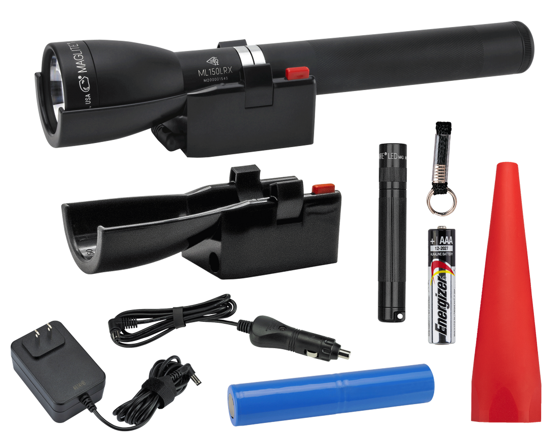  One Maglite black matte ML150LRX LED Rechargeable Flashlight System, a Maglite Solitaire LED with keylead and 1 AAA premium alkaline battery, and a red safety wand for the ML150LRX. The bundle also includes an additional charging cradle, 120V wall converter (home), and 12v DC adapter (auto) Making it easy to transfer the ML150LRX from car to home. 