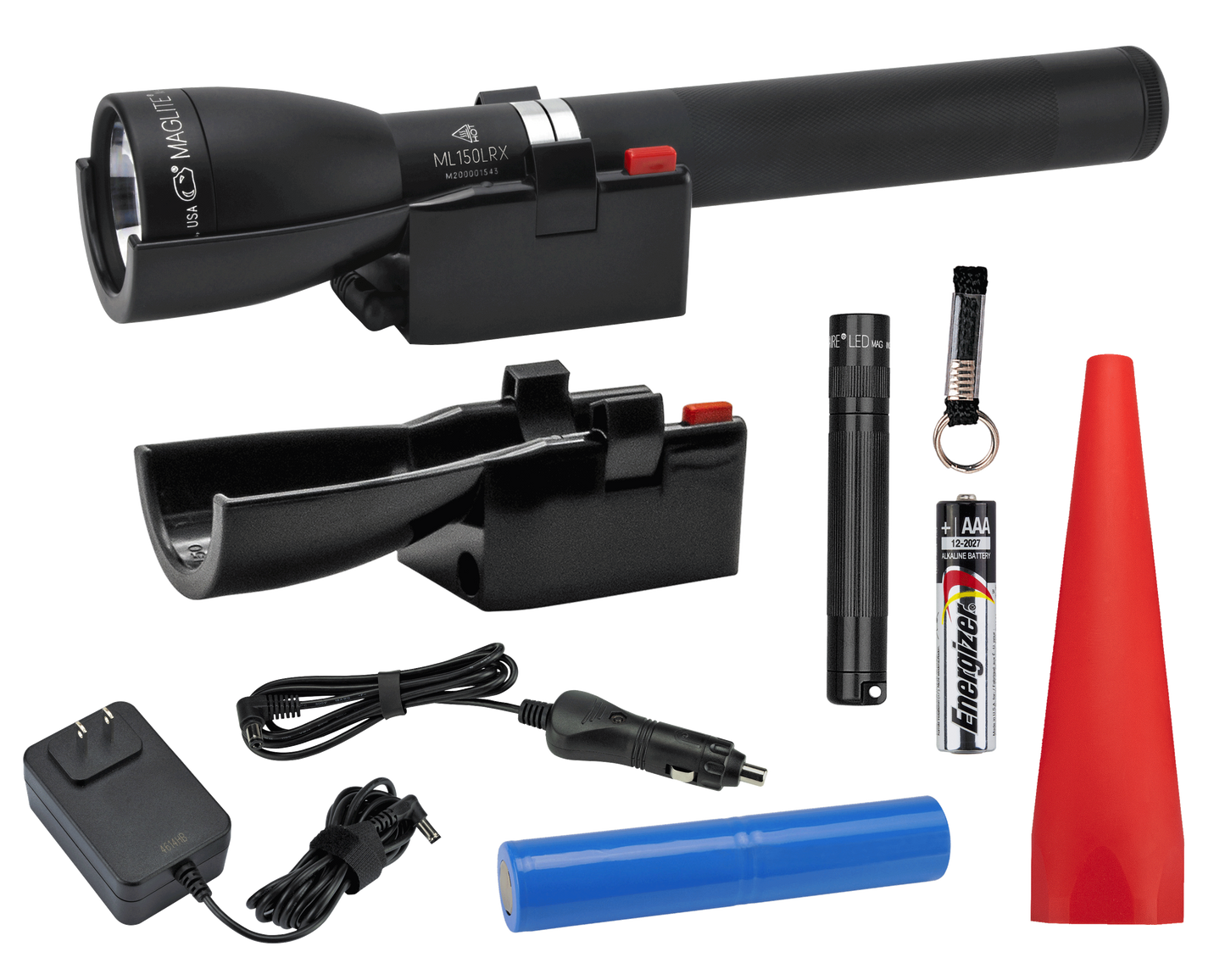  One Maglite black matte ML150LRX LED Rechargeable Flashlight System, a Maglite Solitaire LED with keylead and 1 AAA premium alkaline battery, and a red safety wand for the ML150LRX. The bundle also includes an additional charging cradle, 120V wall converter (home), and 12v DC adapter (auto) Making it easy to transfer the ML150LRX from car to home. 