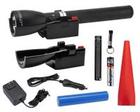  One Maglite black matte ML150LRX LED Rechargeable Flashlight System, a Maglite Solitaire LED with keylead and 1 AAA premium alkaline battery, and a red safety wand for the ML150LRX. The bundle also includes an additional charging cradle, 120V wall converter (home), and 12v DC adapter (auto) Making it easy to transfer the ML150LRX from car to home. 