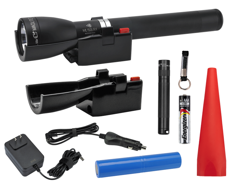  One Maglite black matte ML150LRX LED Rechargeable Flashlight System, a Maglite Solitaire LED with keylead and 1 AAA premium alkaline battery, and a red safety wand for the ML150LRX. The bundle also includes an additional charging cradle, 120V wall converter (home), and 12v DC adapter (auto) Making it easy to transfer the ML150LRX from car to home. 