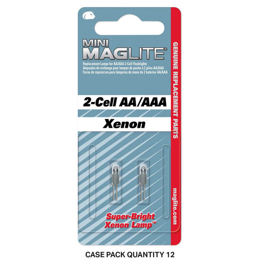 Mini Maglite replacement Xenon lamp pack for 2 cell AA or AAA flashlights with two bulbs visible