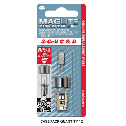 Replacement lamp for Maglite 3-Cell C and D flashlights on blue packaging