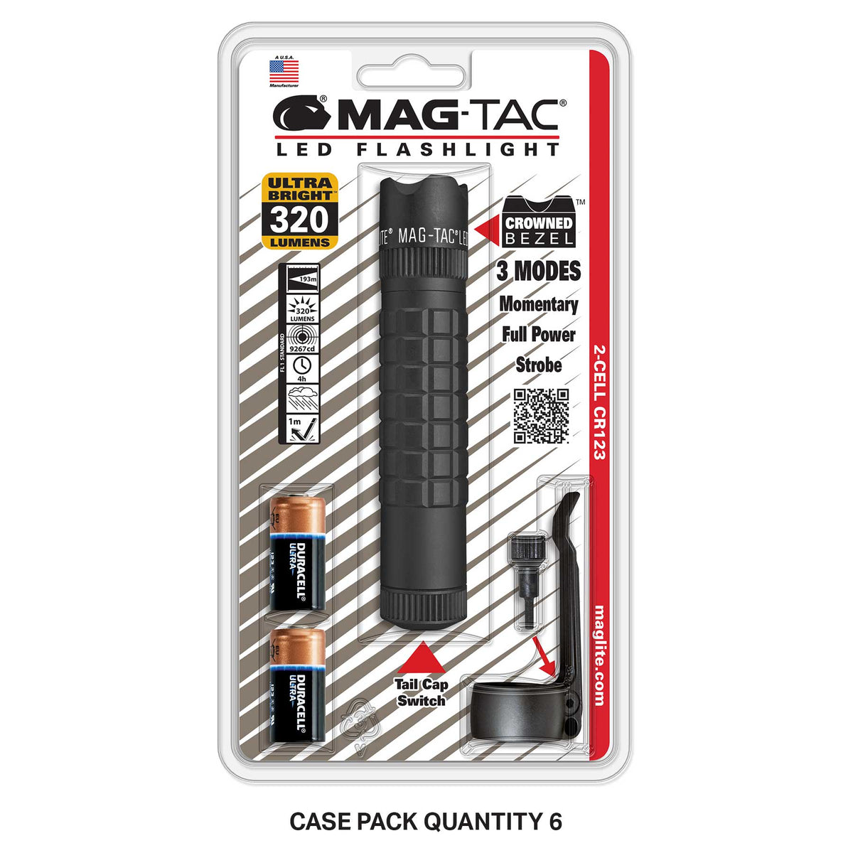 MAG-TAC CR123 LED flashlight in packaging featuring crowned bezel and 320 lumens label