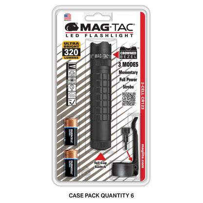 MAG-TAC CR123 LED flashlight in packaging featuring crowned bezel and 320 lumens label