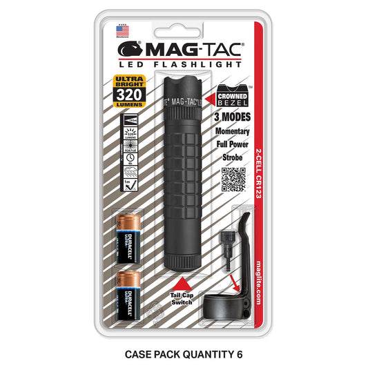 MAG-TAC CR123 LED flashlight in packaging featuring crowned bezel and 320 lumens label