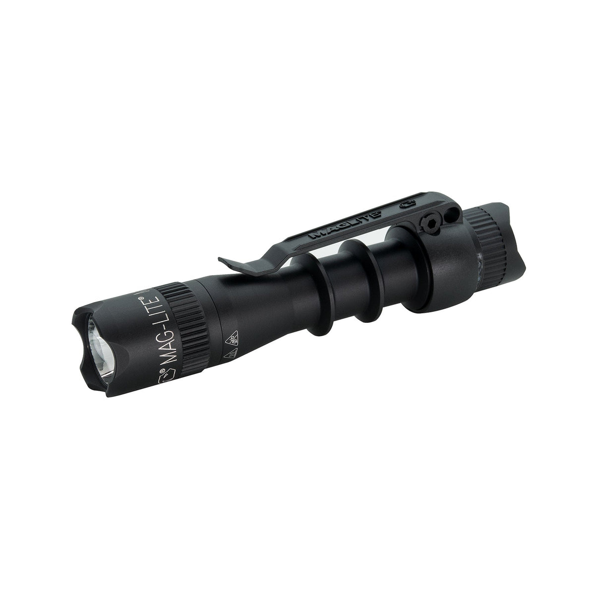 Close up of black MAG-TAC flashlight head with glass lens and front bezel