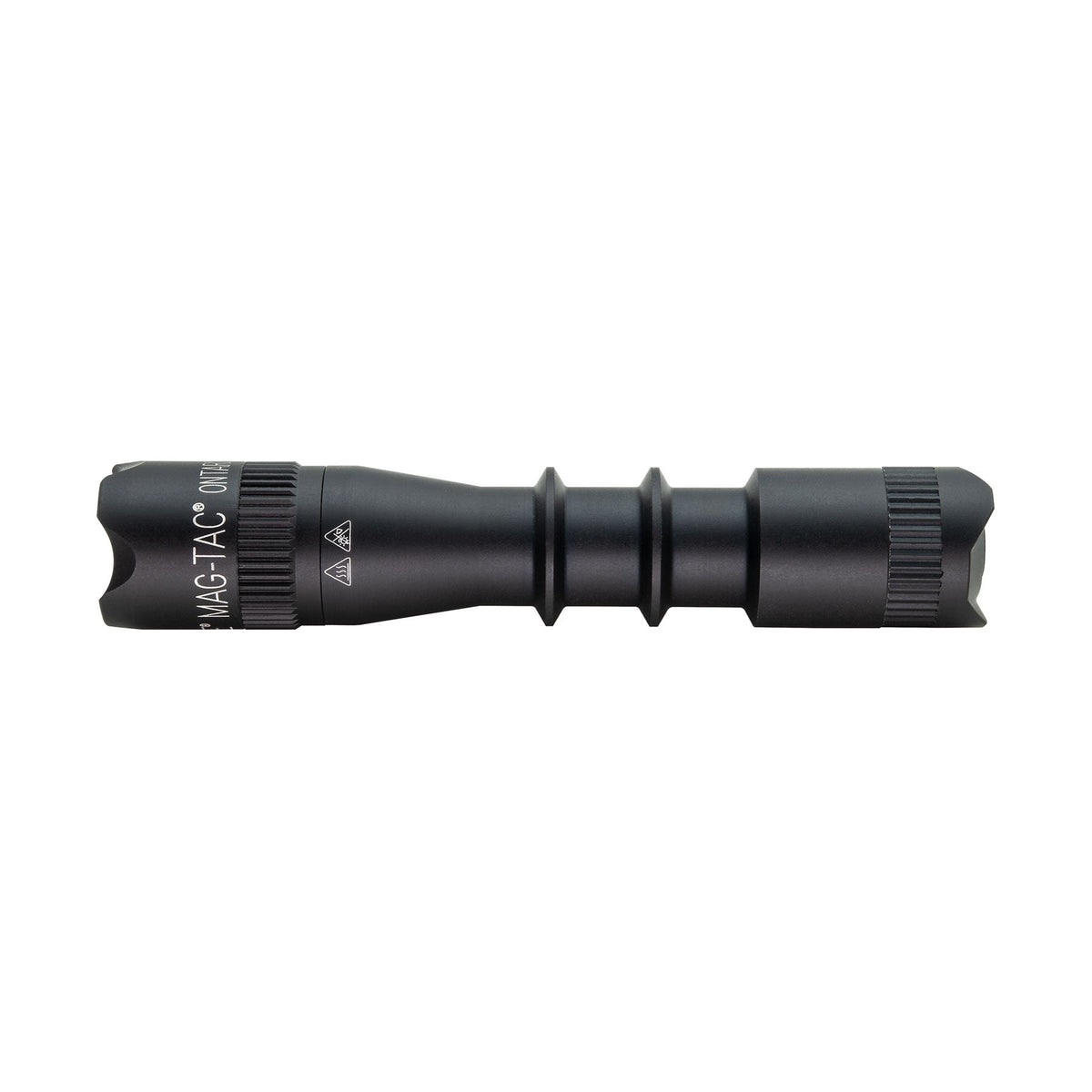 Side view of the MAG-TAC 2 TM Black Crown Bezel flashlight showing ribbed grip and batteries on the right