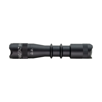 Side view of the MAG-TAC 2 TM Black Crown Bezel flashlight showing ribbed grip and batteries on the right