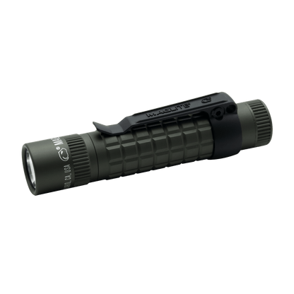 Olive drab Maglite MAG-TAC CR123 LED flashlight with plain bezel and belt clip