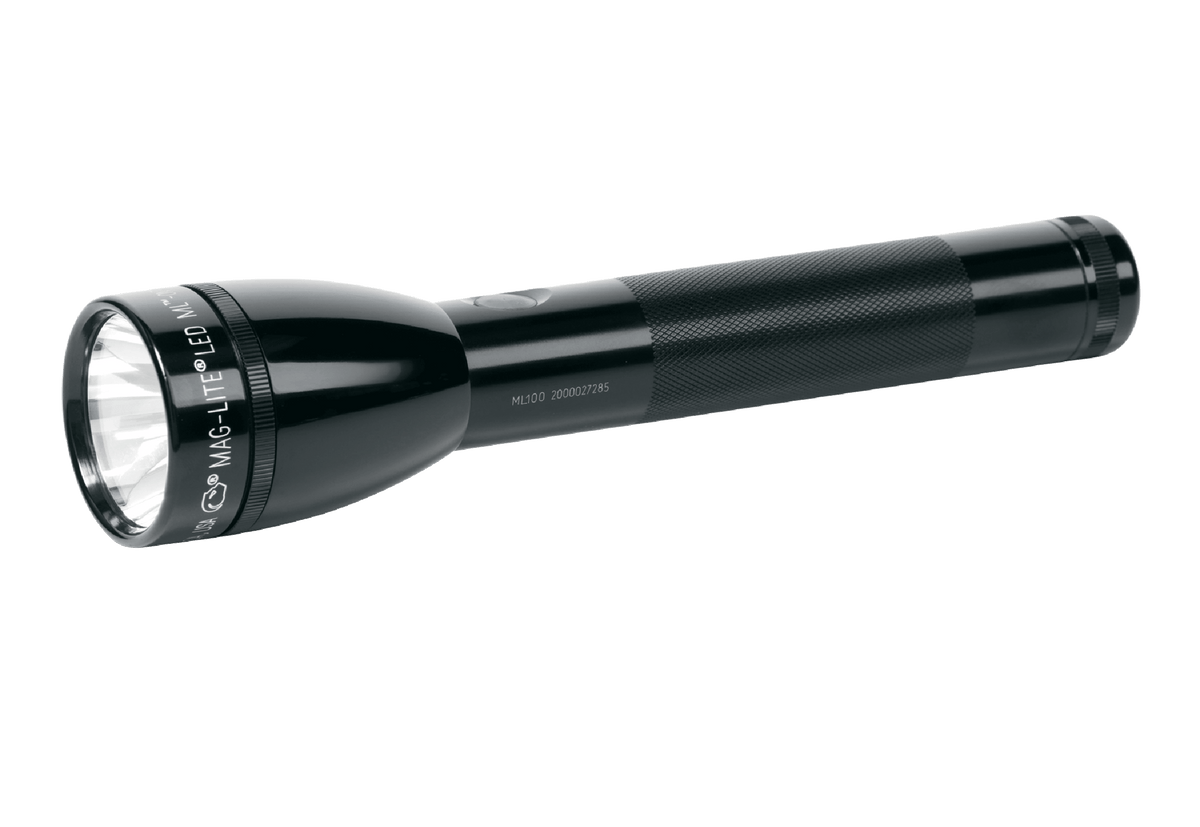 Maglite ML100 LED 2-Cell C flashlight product image showing black textured grip