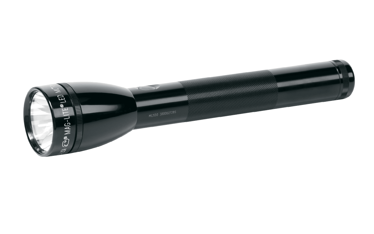 Maglite ML100 LED 3-Cell C flashlight shown diagonally with knurled grip