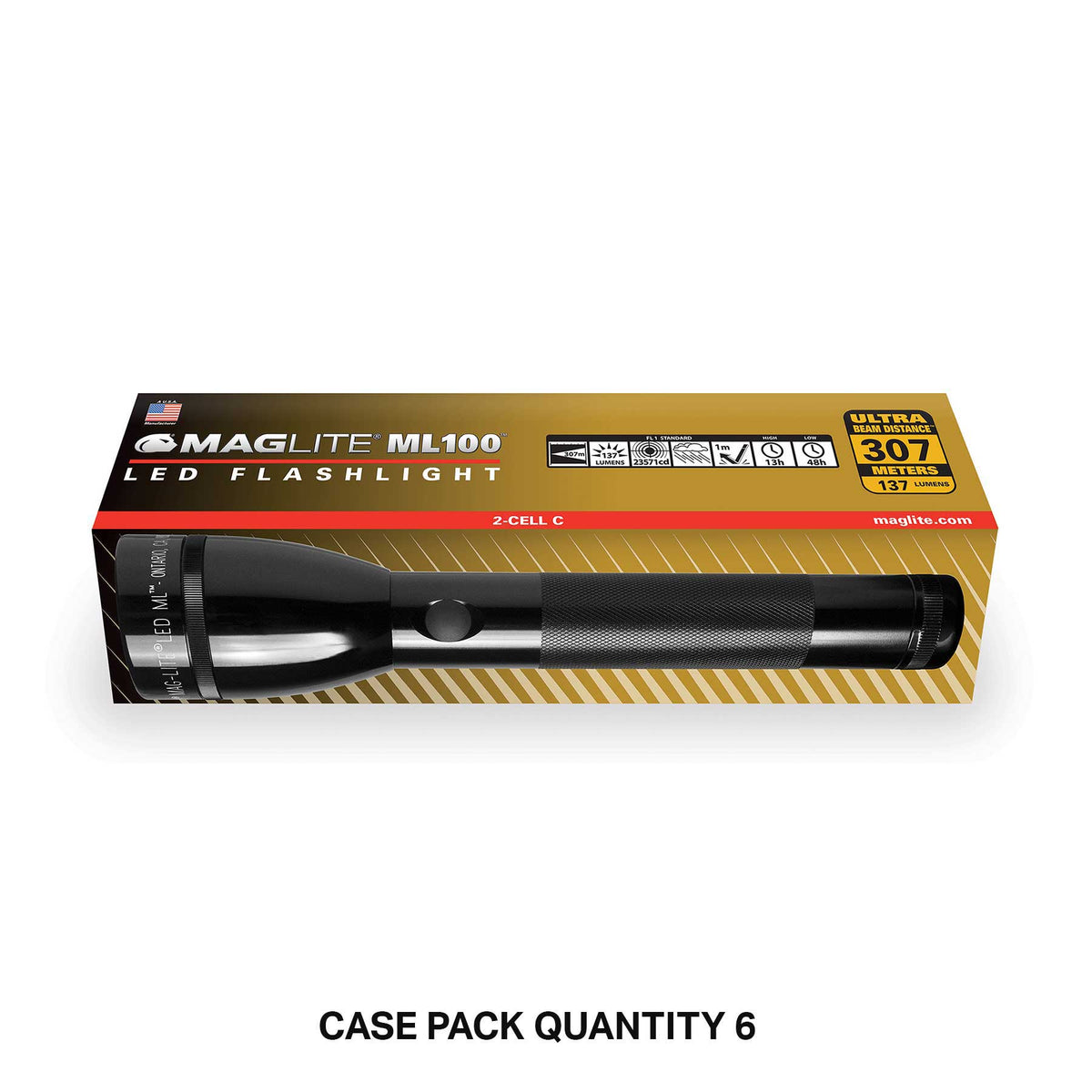 Maglite ML100 LED 2-Cell C flashlight packaging box labeled case pack quantity 6