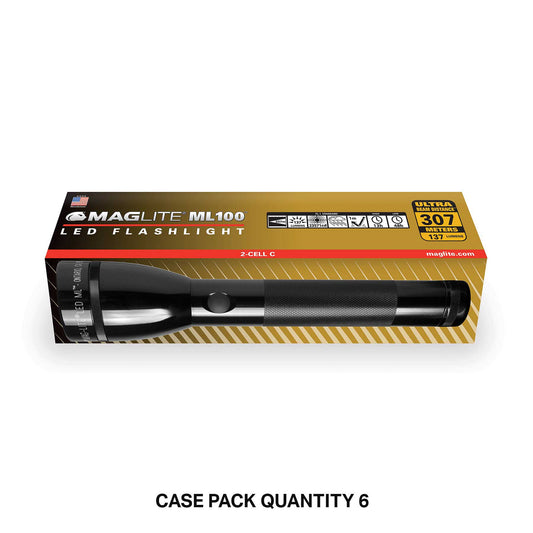 Maglite ML100 LED 2-Cell C flashlight packaging box labeled case pack quantity 6