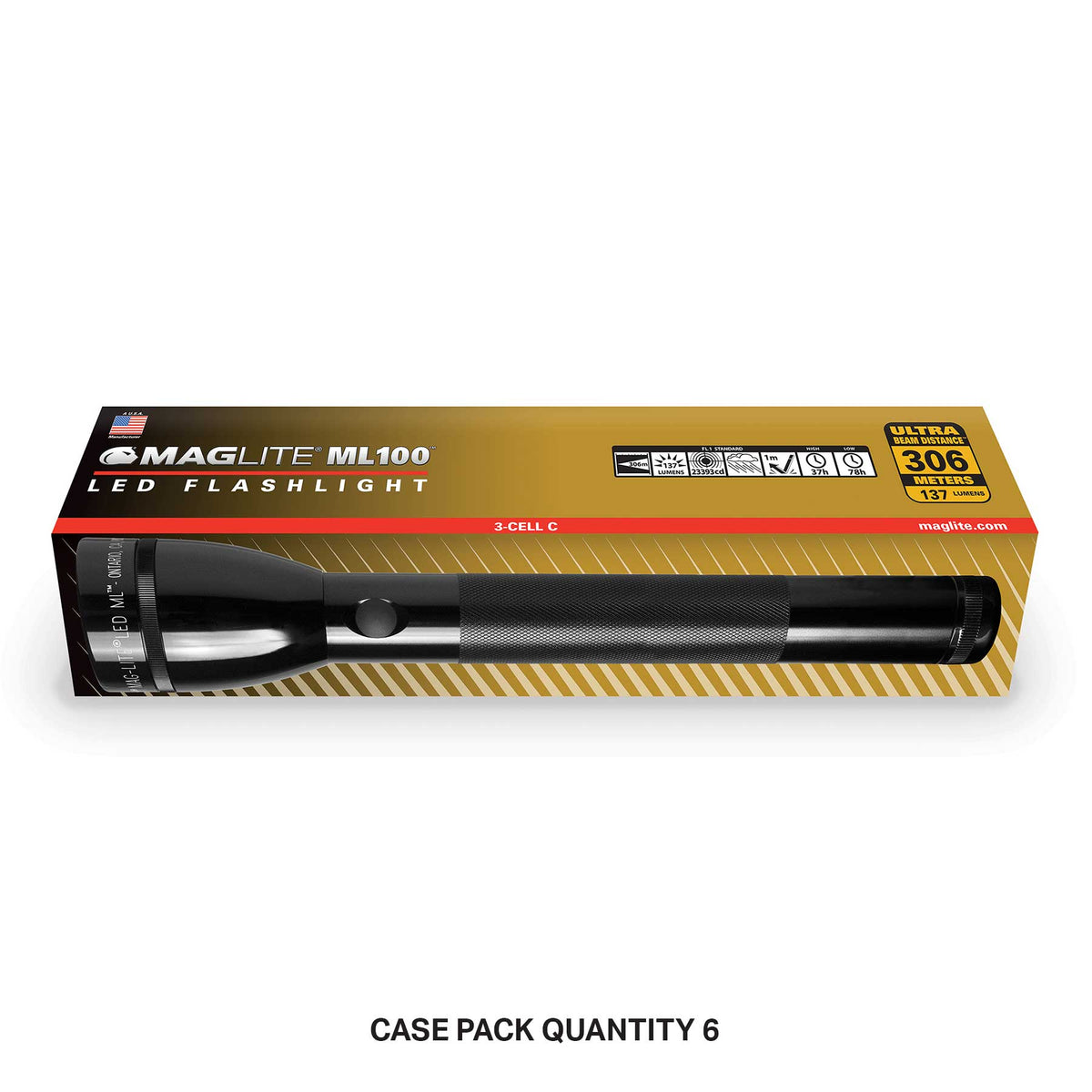 Maglite ML100 LED 3-Cell C flashlight in a gold and black retail box
