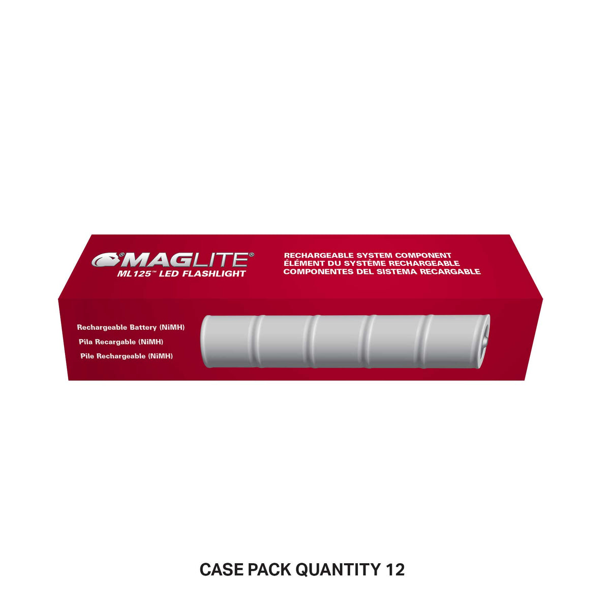 Red Maglite ML125 case pack box showing a silver NiMH battery