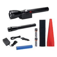 Maglite ML150LR rechargeable flashlight, charging cradle, battery, 120V and 12V converter, Mini Maglite® Pro AA LED flashlight NOW WITH NEW ECO MODE FEATURE, JUST TWO QUICK TWISTS TO ACTIVATE, AA batteries, AA holster, red safety wand for the ML150LR.