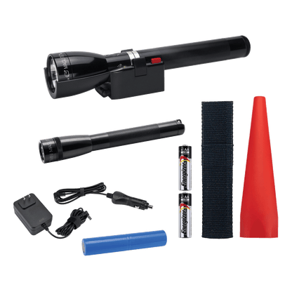 Maglite ML150LR rechargeable flashlight, charging cradle, battery, 120V and 12V converter, Mini Maglite® Pro AA LED flashlight NOW WITH NEW ECO MODE FEATURE, JUST TWO QUICK TWISTS TO ACTIVATE, AA batteries, AA holster, red safety wand for the ML150LR.