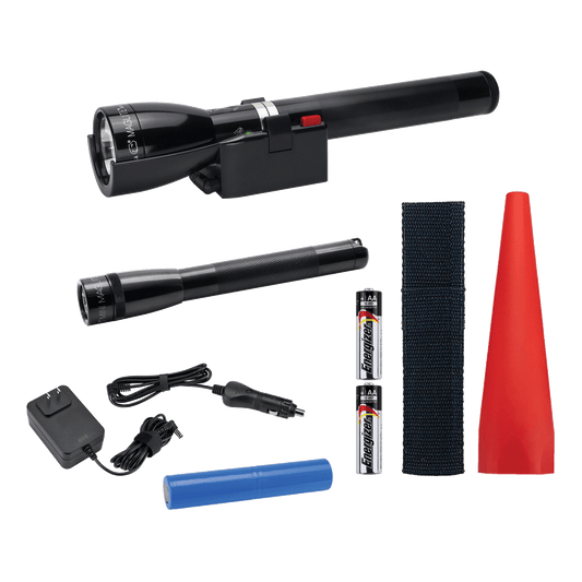 Maglite ML150LR rechargeable flashlight, charging cradle, battery, 120V and 12V converter, Mini Maglite® Pro AA LED flashlight NOW WITH NEW ECO MODE FEATURE, JUST TWO QUICK TWISTS TO ACTIVATE, AA batteries, AA holster, red safety wand for the ML150LR.