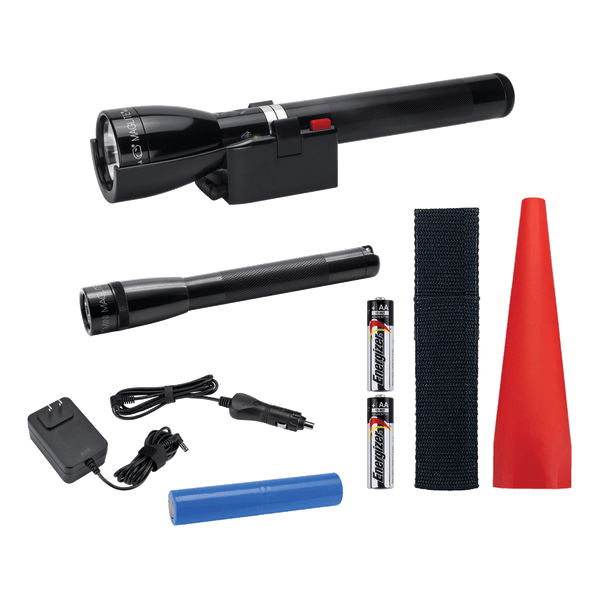 Maglite ML150LR rechargeable flashlight, charging cradle, battery, 120V and 12V converter, Mini Maglite® Pro AA LED flashlight NOW WITH NEW ECO MODE FEATURE, JUST TWO QUICK TWISTS TO ACTIVATE, AA batteries, AA holster, red safety wand for the ML150LR.