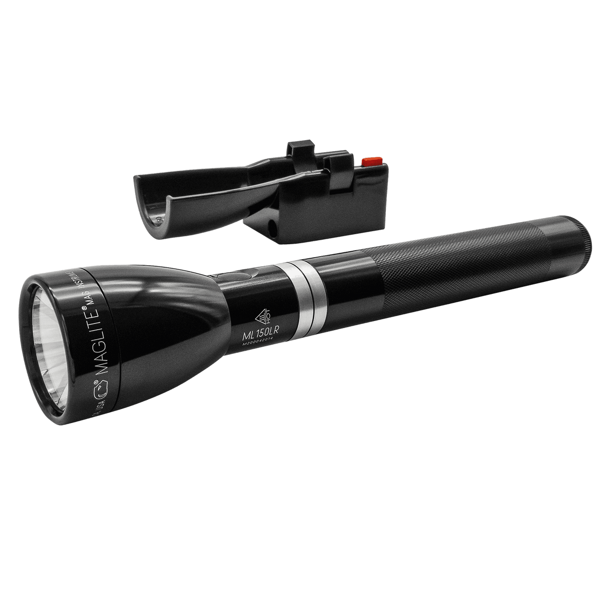 Maglite ML150LR flashlight with detachable clip and mounting accessory beside the body