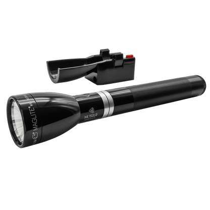 Maglite ML150LR flashlight with detachable clip and mounting accessory beside the body