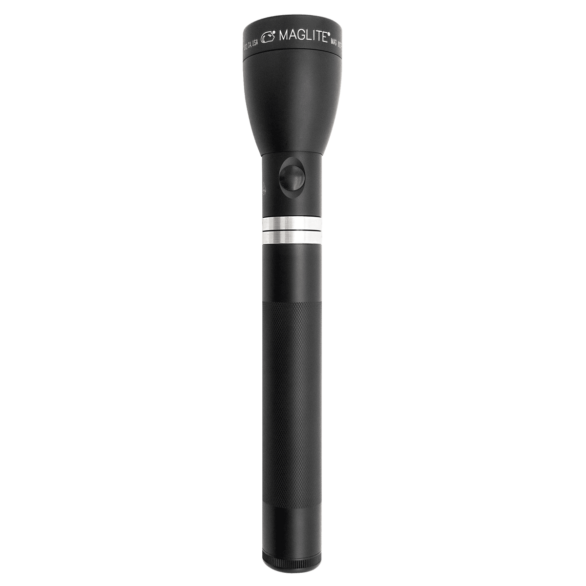 Close up of the Maglite ML150LR flashlight head with branding and knurled grip