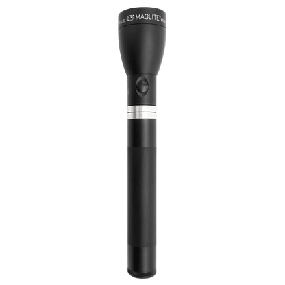 Close up of the Maglite ML150LR flashlight head with branding and knurled grip