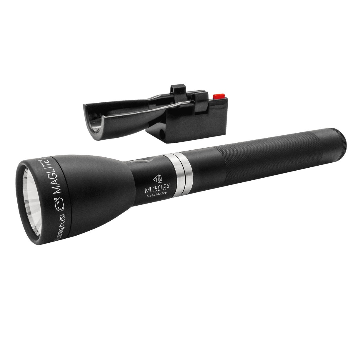 Mag Charger accessory attached to the flashlight with a red switch visible